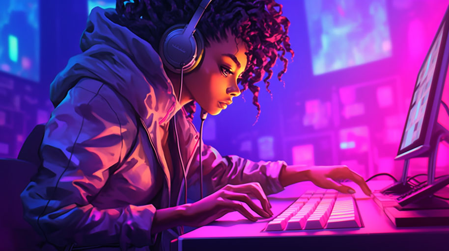 a woman typing on a computer, RGB lights, cyberpunk